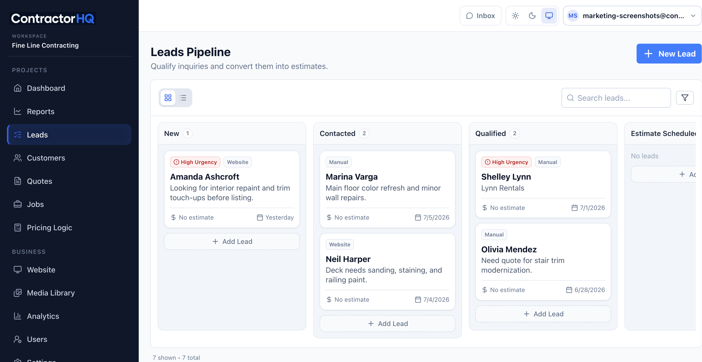 ContractorHQ lead pipeline kanban