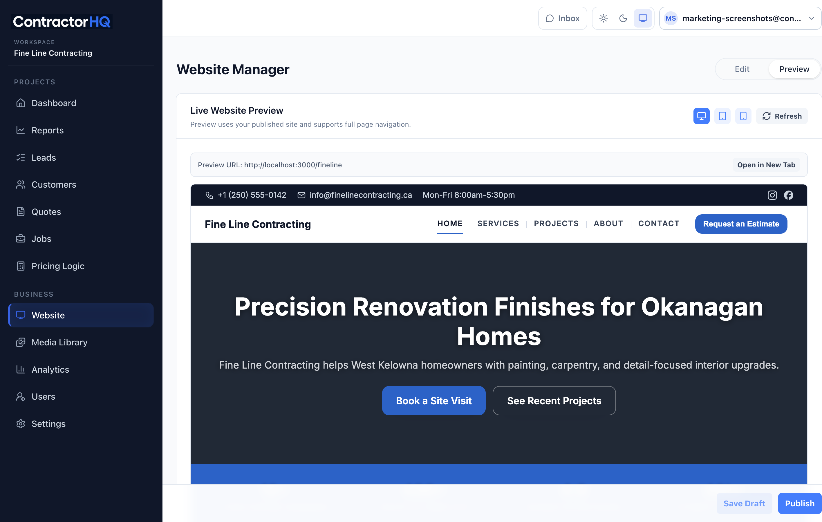 ContractorHQ website manager preview